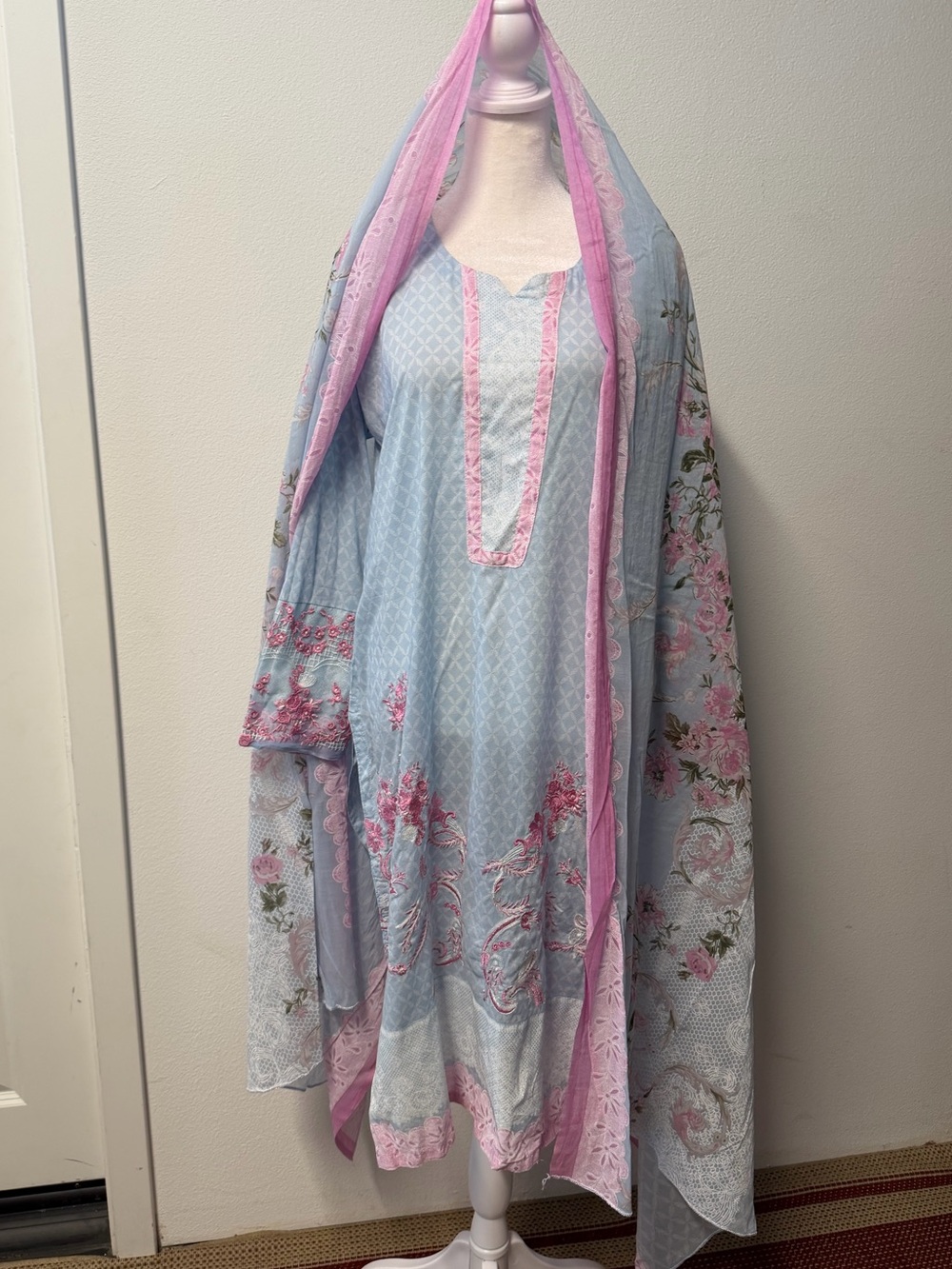 Pakistani 3 Piece Light Blue Pink Embroidered Shalwar Kameez Floral Suit